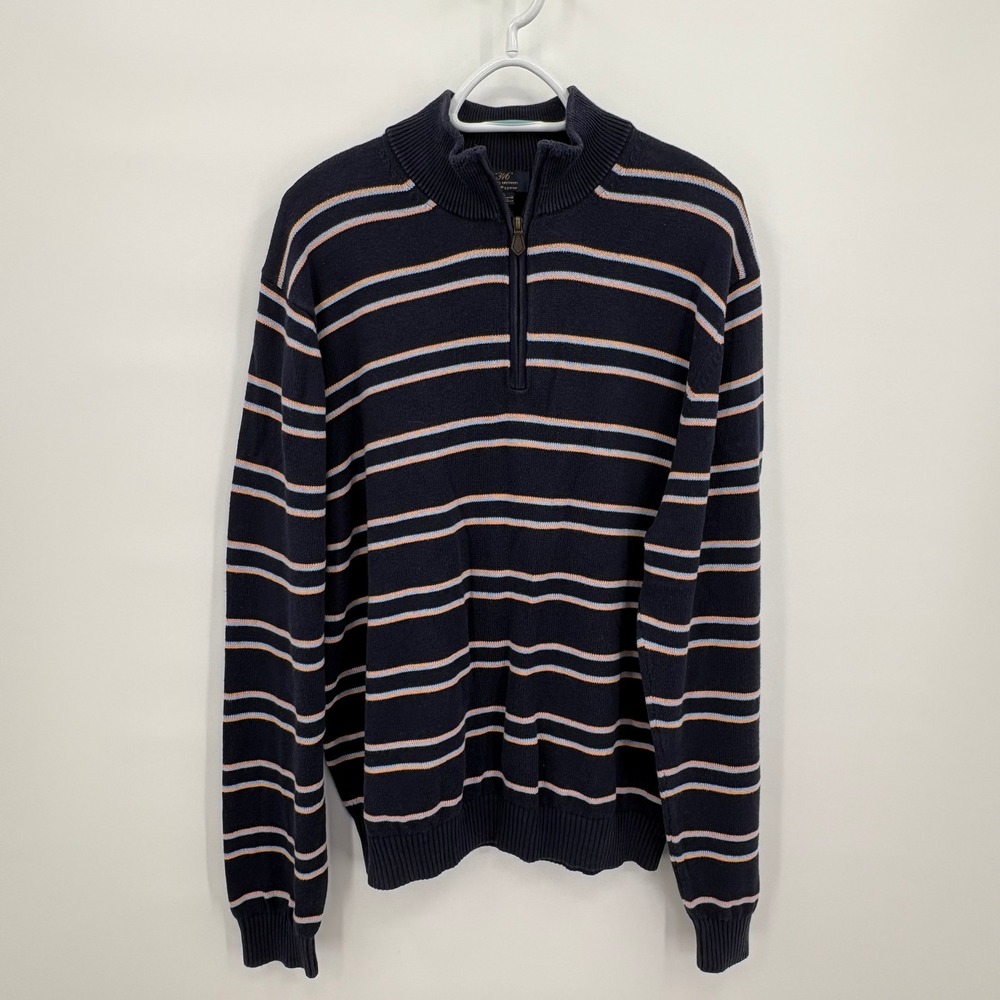 Brooks Brothers 346 Mens XL Supima Cotton Quarter Zip Striped Sweater Navy Blue